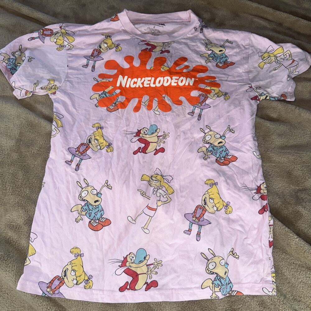 Nickelodeon Cartoon Collage T-Shirt Men SMALL PINK rugrats stimpy rocko arnold